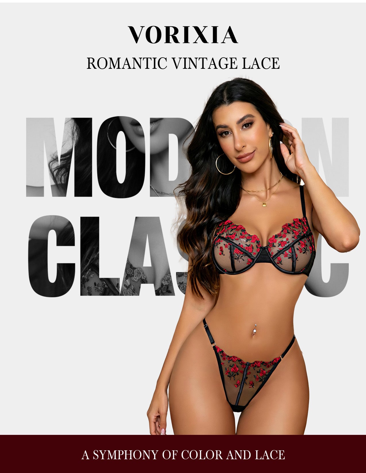 VORIXIA Floral Embroidery Sheer Lingerie Bra & Panty Set