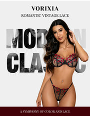 VORIXIA Floral Embroidery Sheer Lingerie Bra & Panty Set