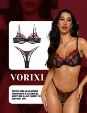 VORIXIA Floral Embroidery Sheer Lingerie Bra & Panty Set