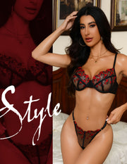 VORIXIA Floral Embroidery Sheer Lingerie Bra & Panty Set