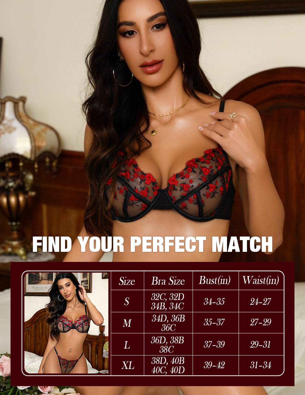 VORIXIA Floral Embroidery Sheer Lingerie Bra & Panty Set