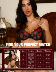 VORIXIA Floral Embroidery Sheer Lingerie Bra & Panty Set