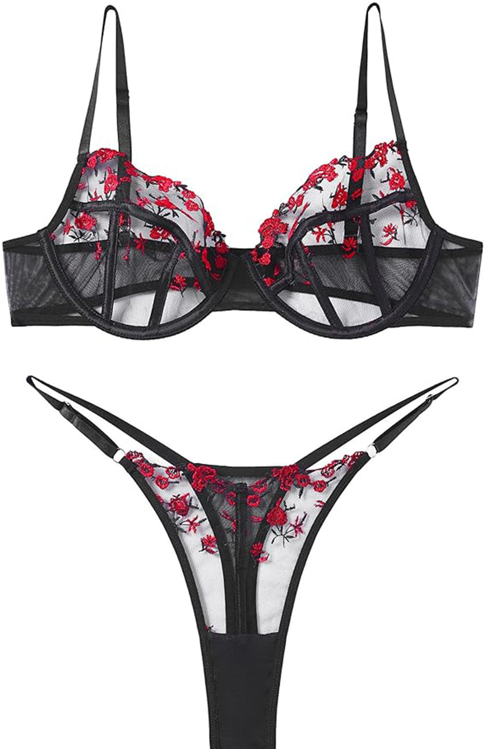 VORIXIA Floral Embroidery Sheer Lingerie Bra & Panty Set