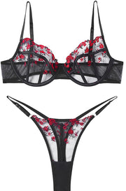 VORIXIA Floral Embroidery Sheer Lingerie Bra & Panty Set