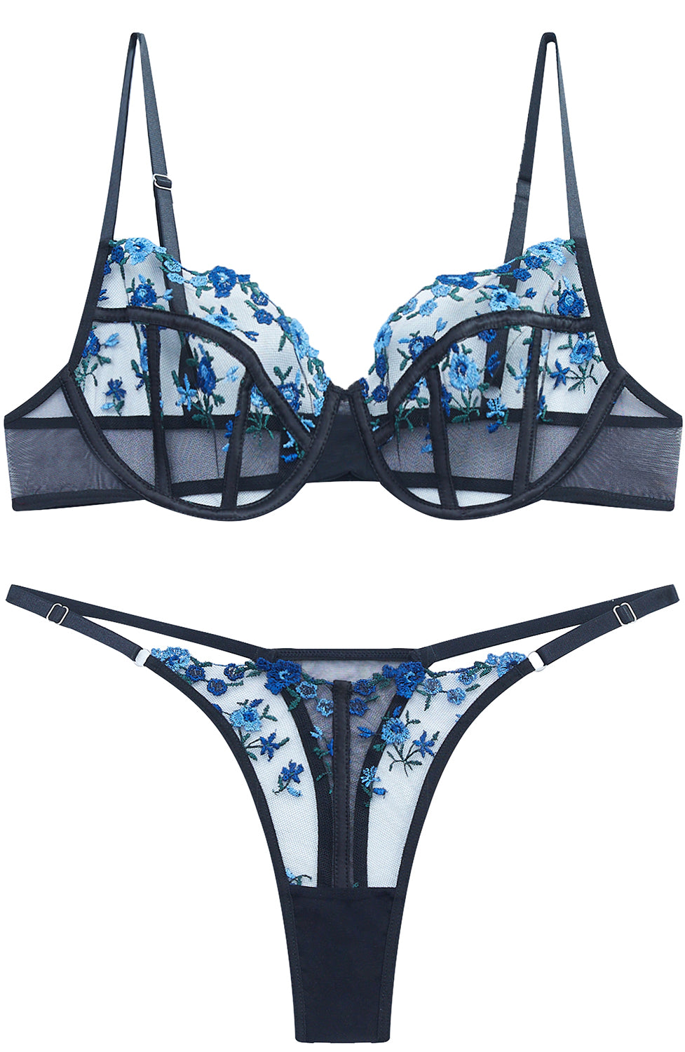 VORIXIA Floral Embroidery Sheer Lingerie Bra & Panty Set