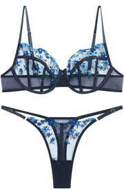 VORIXIA Floral Embroidery Sheer Lingerie Bra & Panty Set