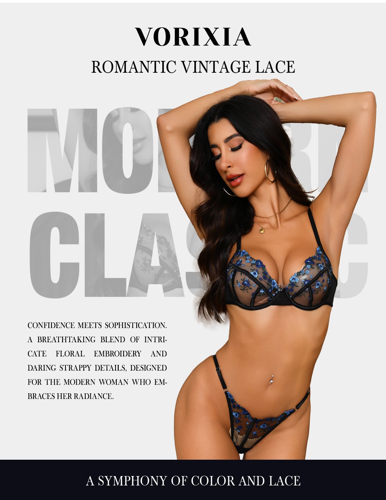 VORIXIA Floral Embroidery Sheer Lingerie Bra & Panty Set