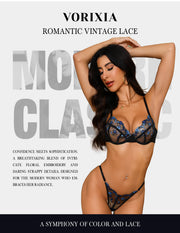 VORIXIA Floral Embroidery Sheer Lingerie Bra & Panty Set