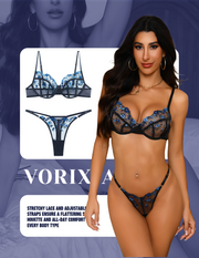 VORIXIA Floral Embroidery Sheer Lingerie Bra & Panty Set