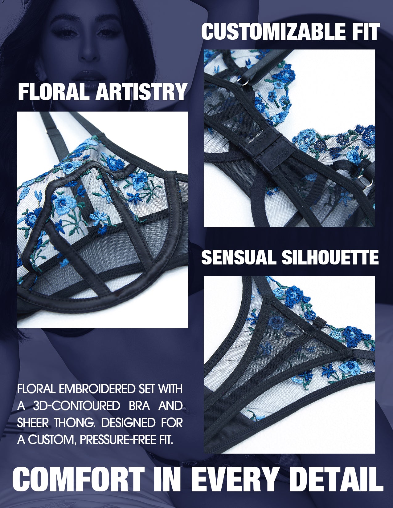 VORIXIA Floral Embroidery Sheer Lingerie Bra & Panty Set