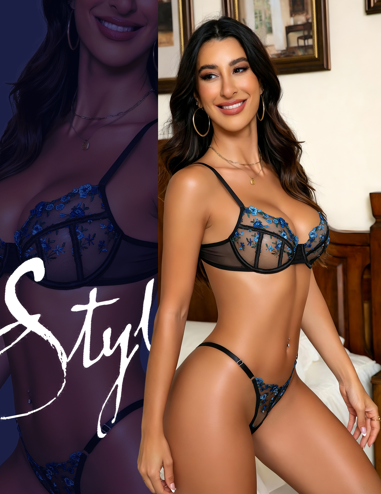 VORIXIA Floral Embroidery Sheer Lingerie Bra & Panty Set