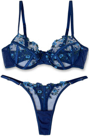 VORIXIA Floral Embroidery Sheer Lingerie Bra & Panty Set