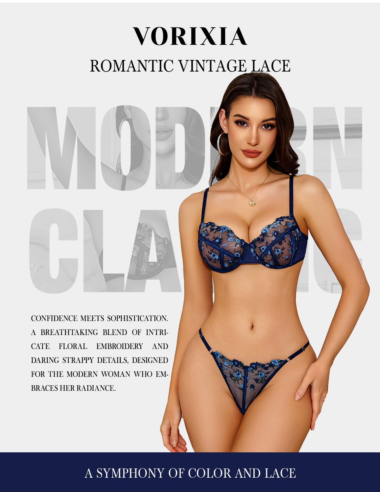 VORIXIA Floral Embroidery Sheer Lingerie Bra & Panty Set