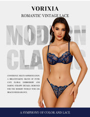VORIXIA Floral Embroidery Sheer Lingerie Bra & Panty Set