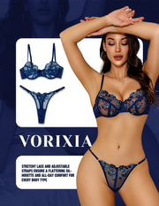 VORIXIA Floral Embroidery Sheer Lingerie Bra & Panty Set