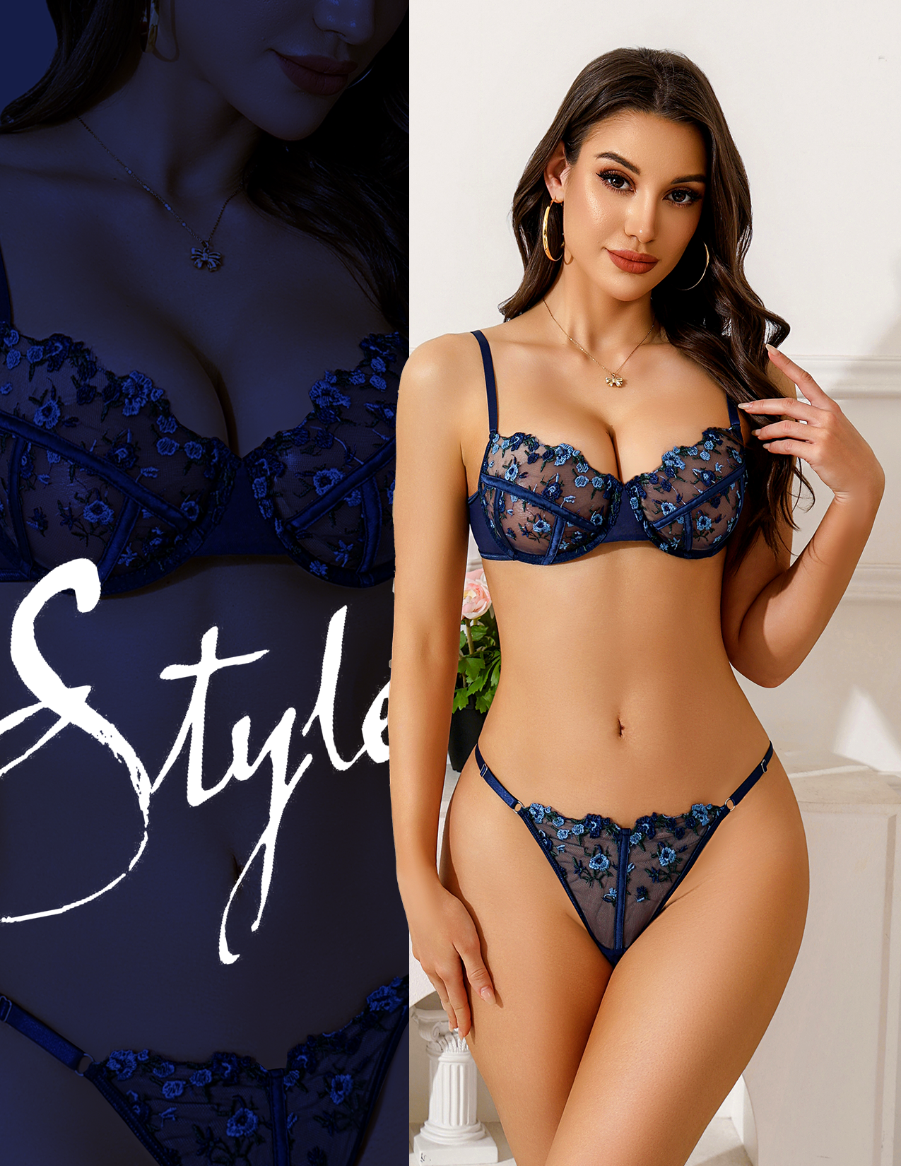 VORIXIA Floral Embroidery Sheer Lingerie Bra & Panty Set