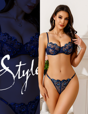 VORIXIA Floral Embroidery Sheer Lingerie Bra & Panty Set