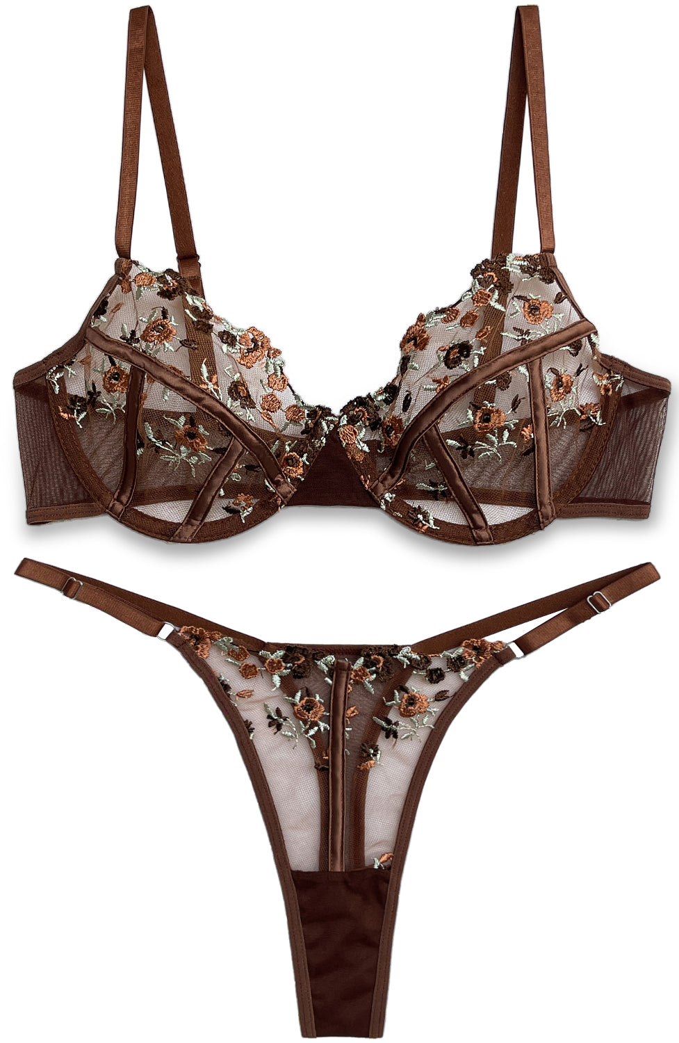 VORIXIA Floral Embroidery Sheer Lingerie Bra & Panty Set