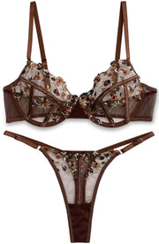 VORIXIA Floral Embroidery Sheer Lingerie Bra & Panty Set