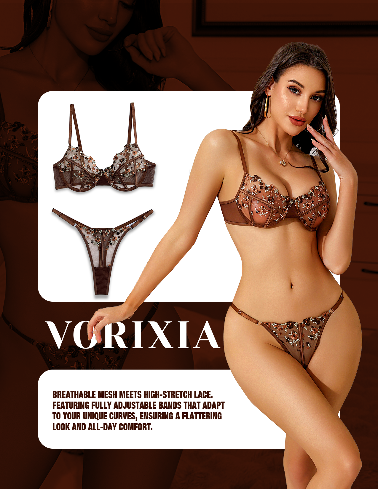 VORIXIA Floral Embroidery Sheer Lingerie Bra & Panty Set