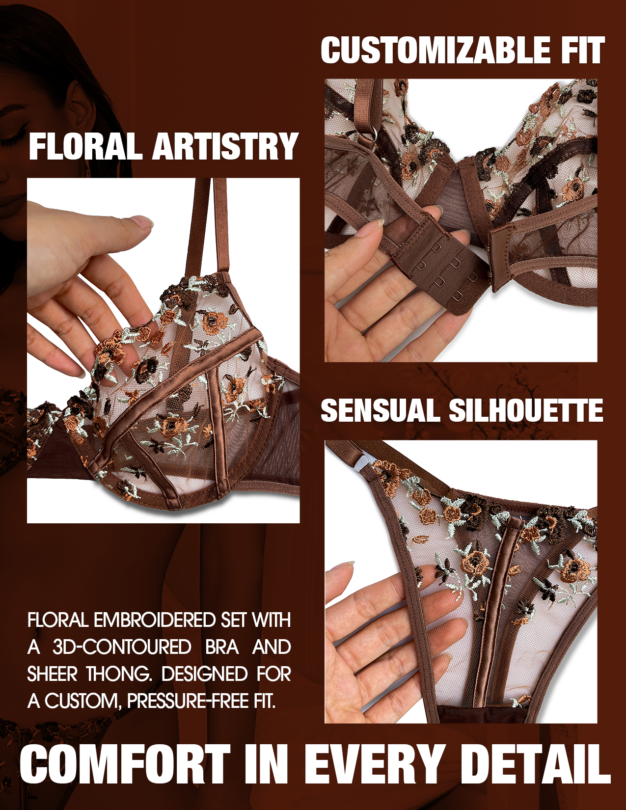 VORIXIA Floral Embroidery Sheer Lingerie Bra & Panty Set