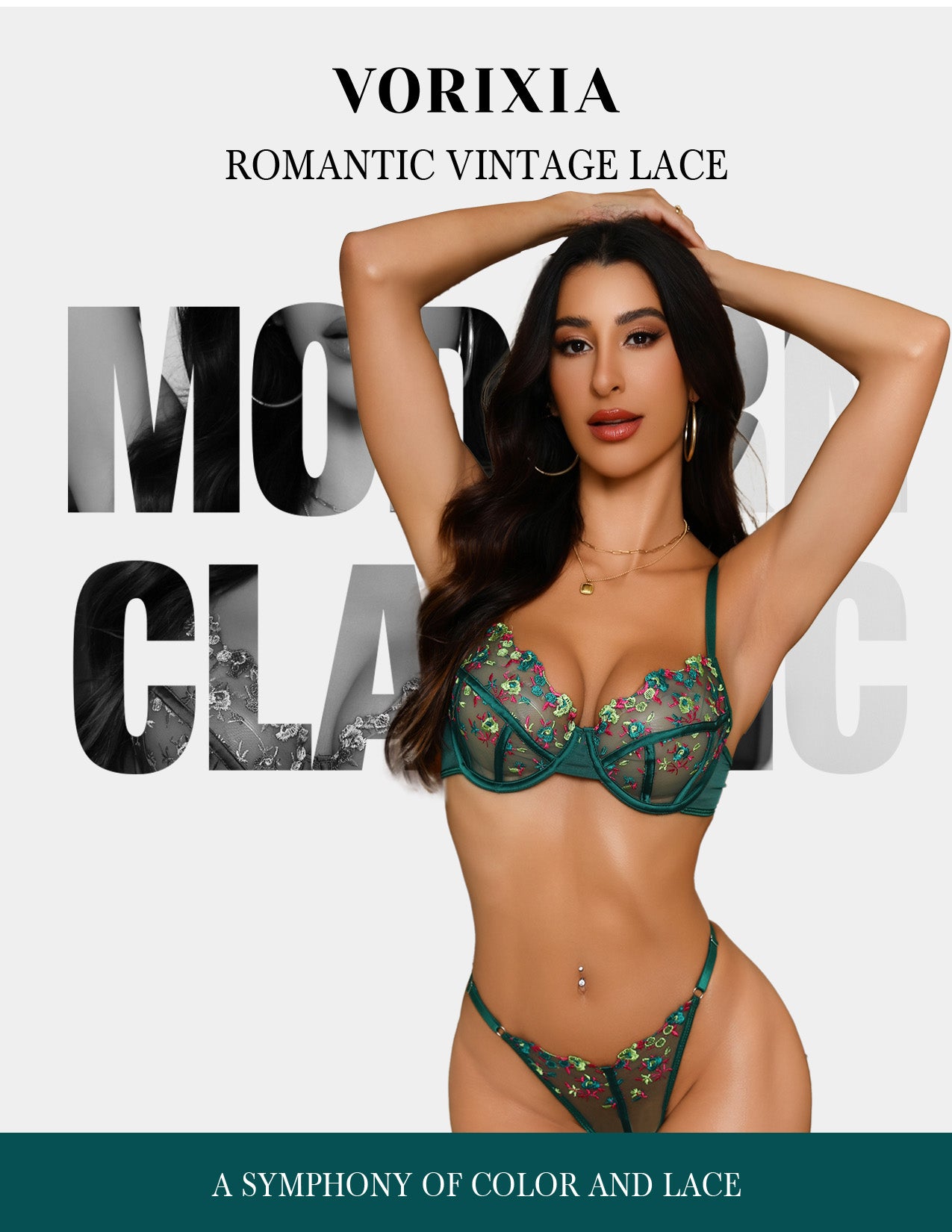 VORIXIA Floral Embroidery Sheer Lingerie Bra & Panty Set