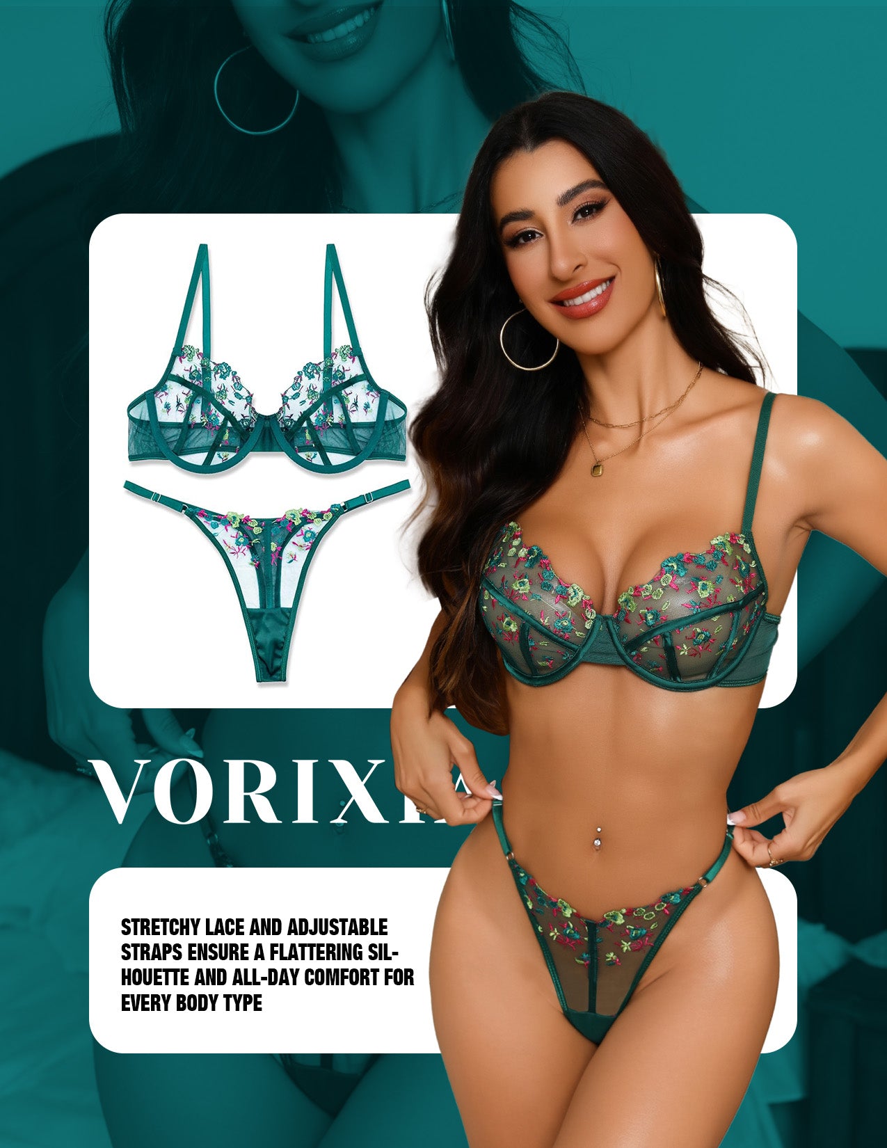 VORIXIA Floral Embroidery Sheer Lingerie Bra & Panty Set