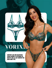 VORIXIA Floral Embroidery Sheer Lingerie Bra & Panty Set