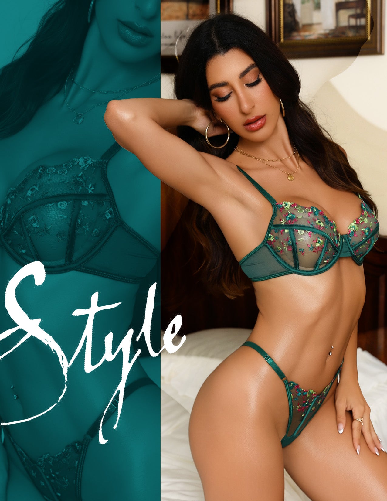 VORIXIA Floral Embroidery Sheer Lingerie Bra & Panty Set