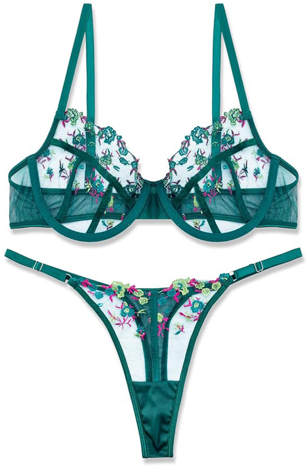 VORIXIA Floral Embroidery Sheer Lingerie Bra & Panty Set