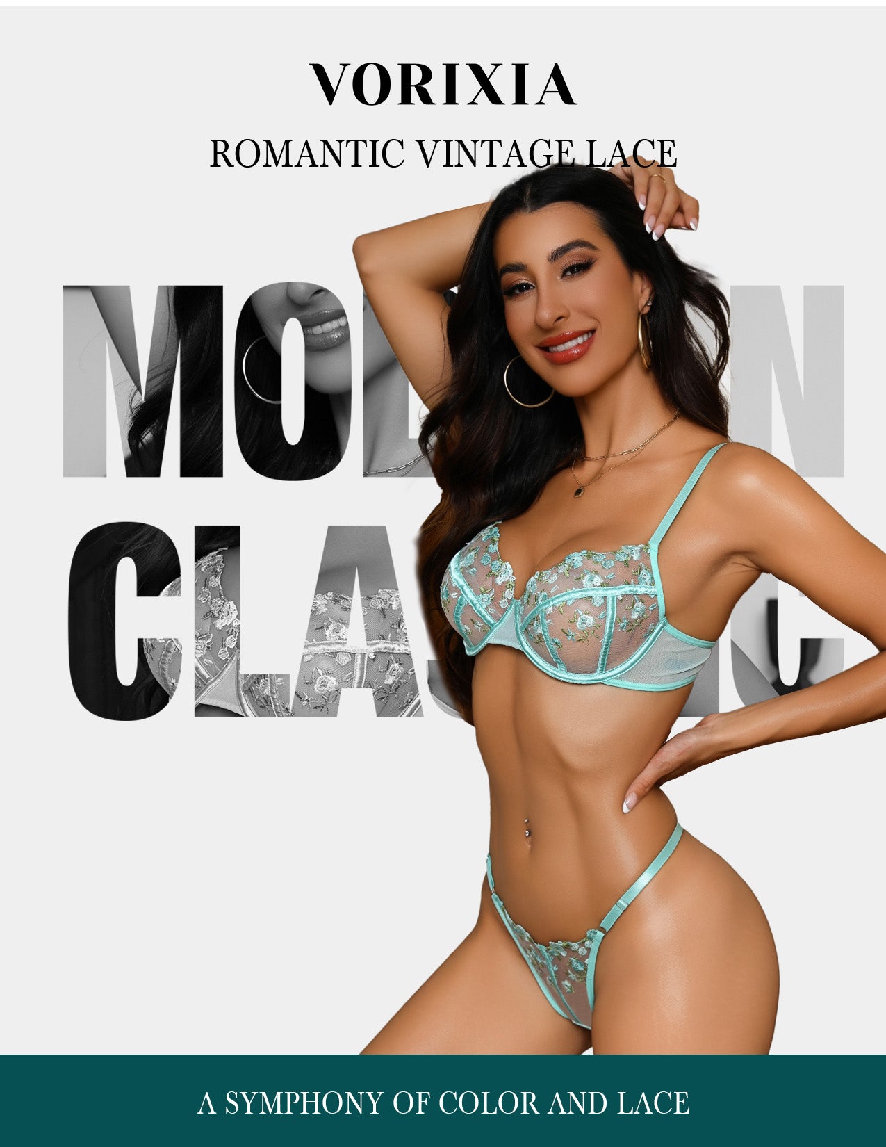 VORIXIA Floral Embroidery Sheer Lingerie Bra & Panty Set
