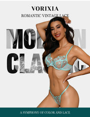 VORIXIA Floral Embroidery Sheer Lingerie Bra & Panty Set