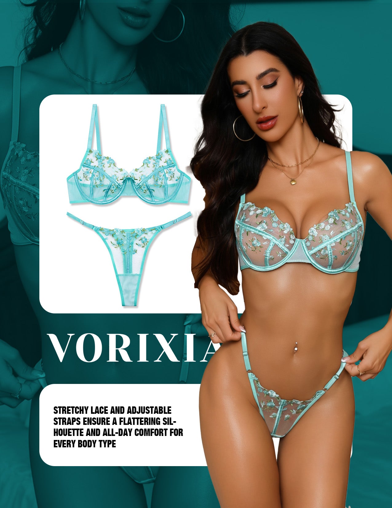 VORIXIA Floral Embroidery Sheer Lingerie Bra & Panty Set