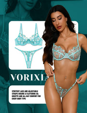 VORIXIA Floral Embroidery Sheer Lingerie Bra & Panty Set