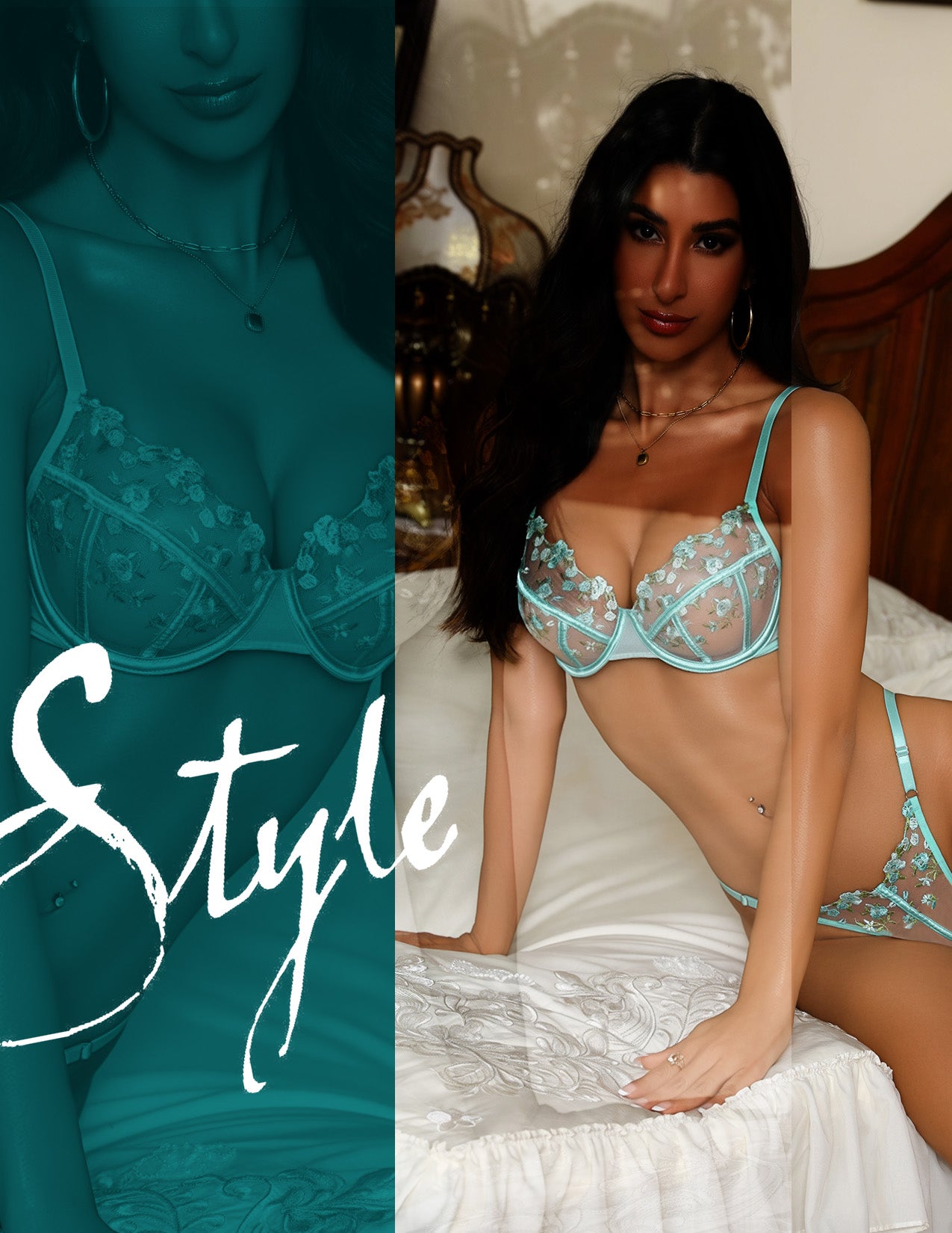 VORIXIA Floral Embroidery Sheer Lingerie Bra & Panty Set