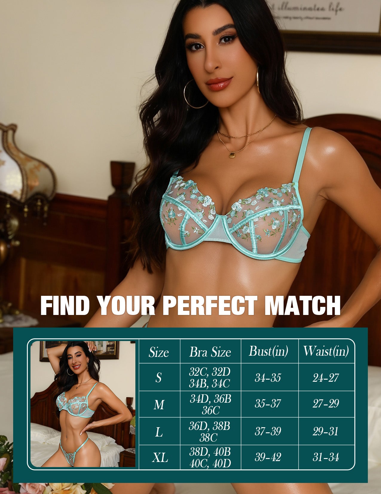 VORIXIA Floral Embroidery Sheer Lingerie Bra & Panty Set