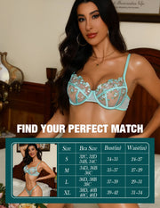 VORIXIA Floral Embroidery Sheer Lingerie Bra & Panty Set