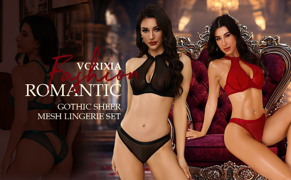 VORIXIA Sheer Mesh Underwire Bra & Panty Lingerie Set