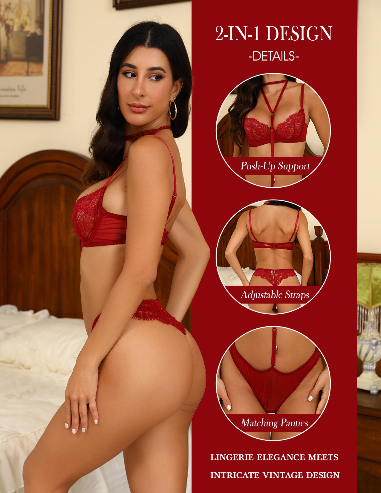 VORIXIA 3-Piece Strappy Lace Underwire Bra & Panty Lingerie Set