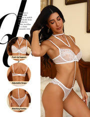 VORIXIA 3-Piece Strappy Lace Underwire Bra & Panty Lingerie Set