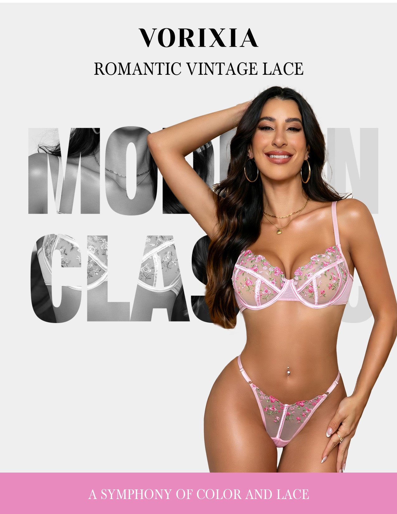 VORIXIA Floral Embroidery Sheer Lingerie Bra & Panty Set