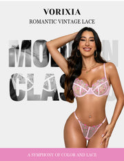 VORIXIA Floral Embroidery Sheer Lingerie Bra & Panty Set