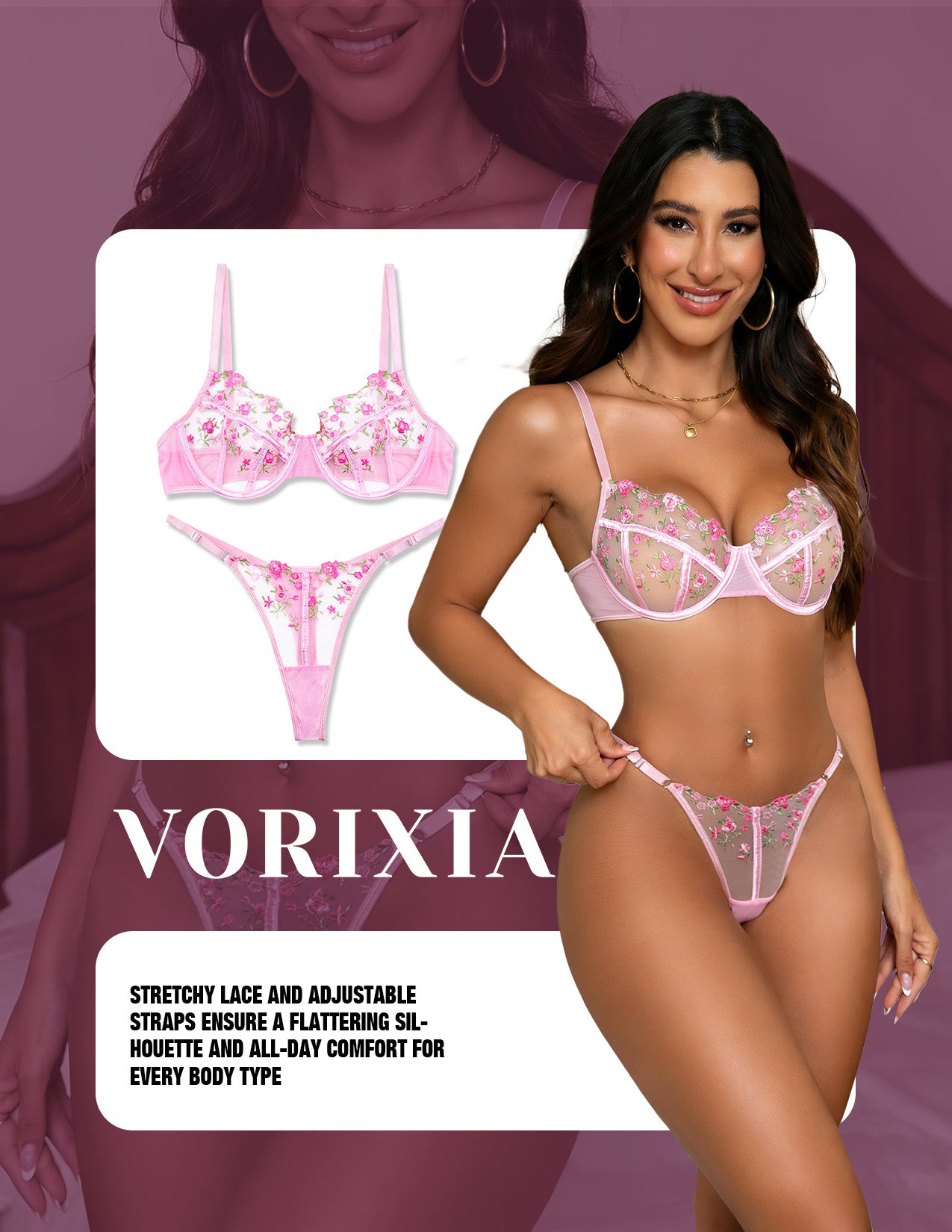 VORIXIA Floral Embroidery Sheer Lingerie Bra & Panty Set