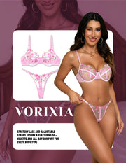 VORIXIA Floral Embroidery Sheer Lingerie Bra & Panty Set