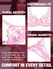 VORIXIA Floral Embroidery Sheer Lingerie Bra & Panty Set
