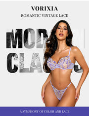 VORIXIA Floral Embroidery Sheer Lingerie Bra & Panty Set