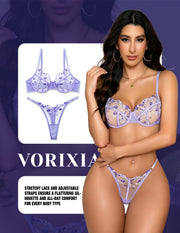 VORIXIA Floral Embroidery Sheer Lingerie Bra & Panty Set