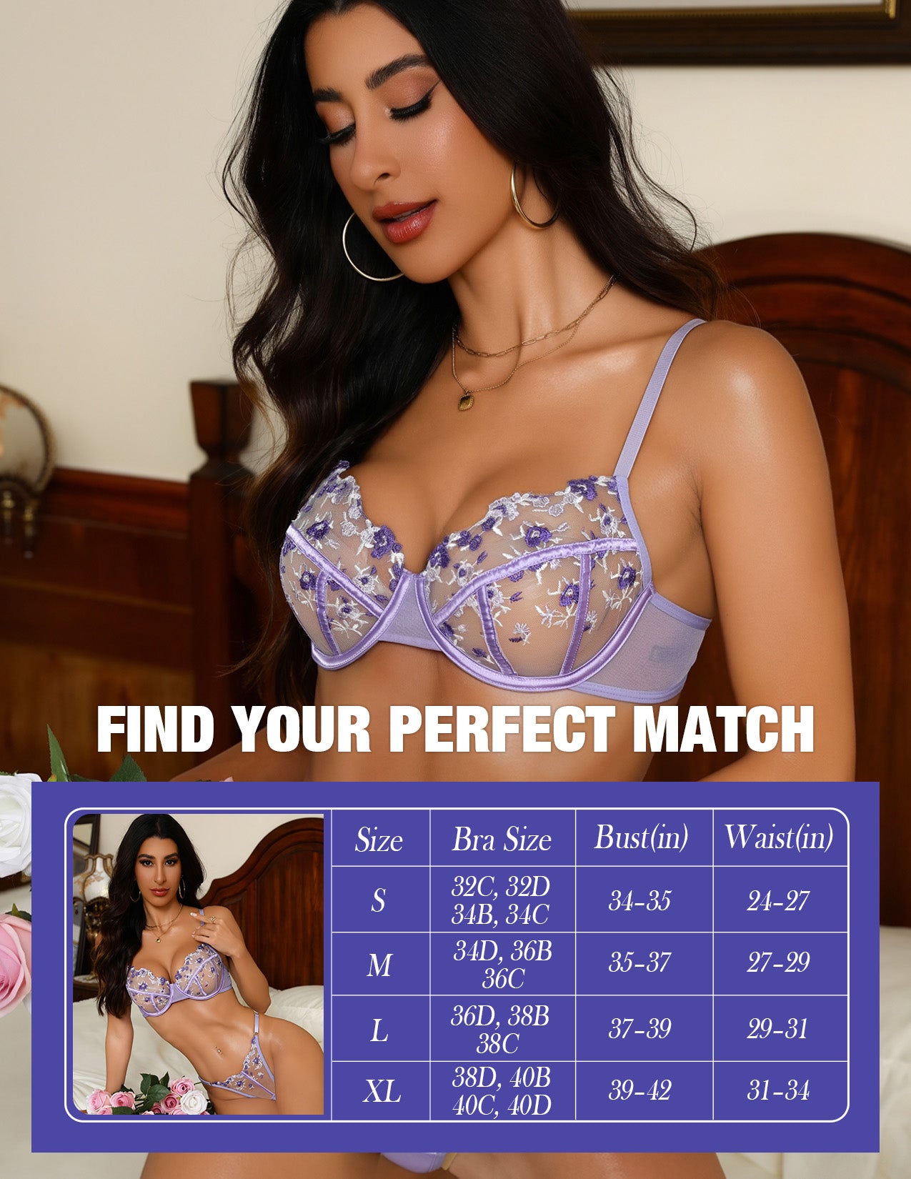 VORIXIA Floral Embroidery Sheer Lingerie Bra & Panty Set