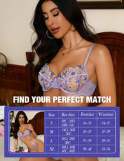 VORIXIA Floral Embroidery Sheer Lingerie Bra & Panty Set