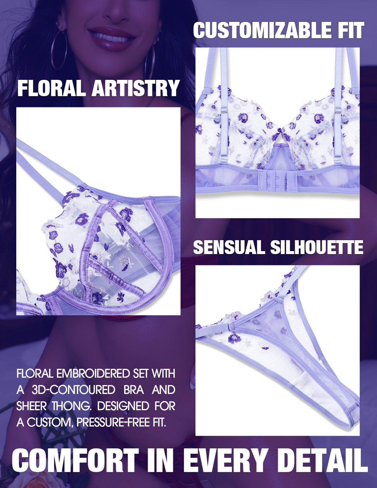 VORIXIA Floral Embroidery Sheer Lingerie Bra & Panty Set